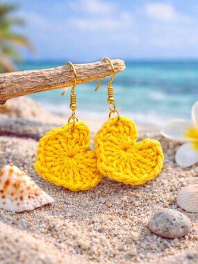 Handmade Crochet Heart Earrings Yellow | Boho Dangle Earrings | Summer Jewelry